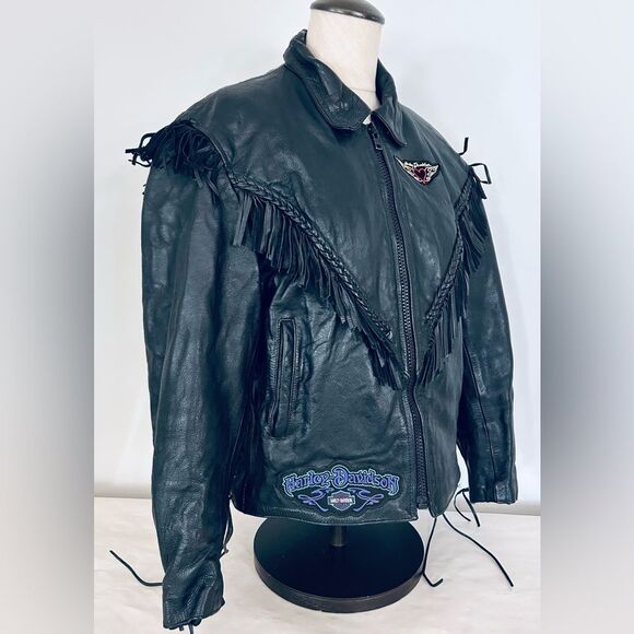 Unik Black Cropped Leather Jacket with Fringe, Harley Patches size Large - Picture 10 of 15